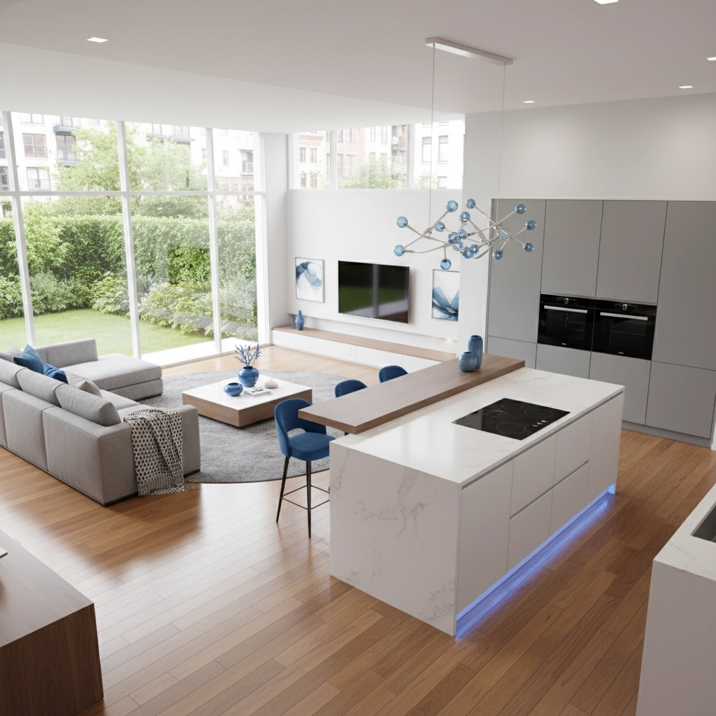 Modern kitchen and living room with a marble island, blue chairs, and a geometric chandelier. Large windows show greenery outside.