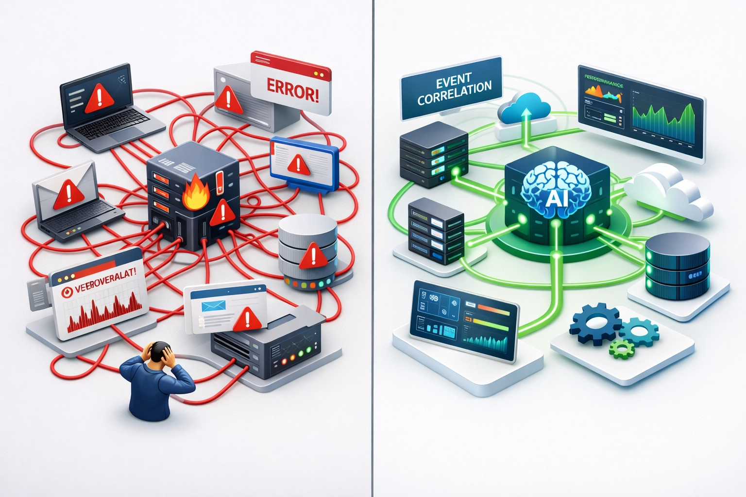 Comparison of manual ITOM workflows versus automated ServiceNow processes with AI optimization