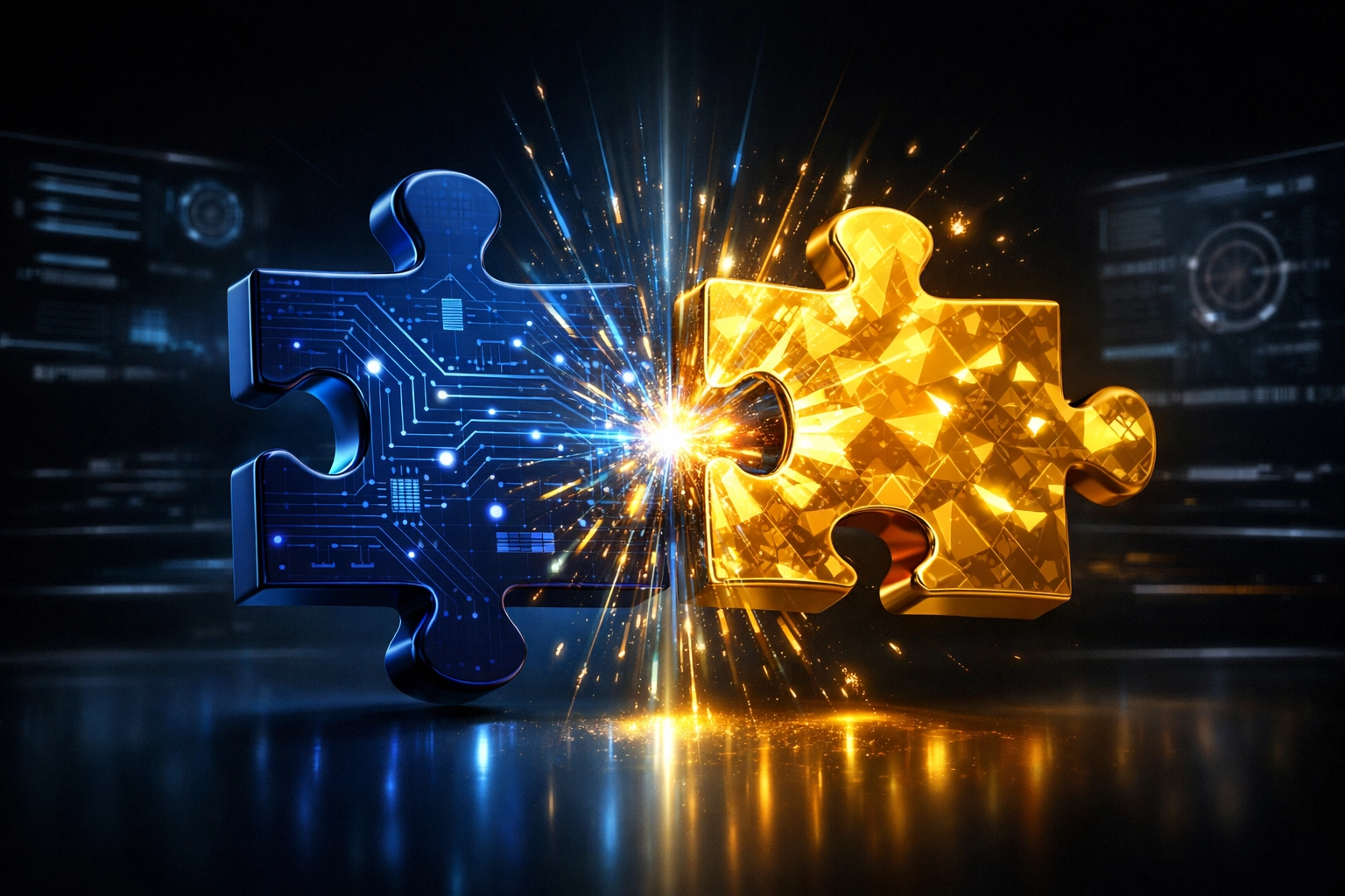 Blaues und goldenes Puzzleteil symbolisieren die Partnerschaft mit dem AI Hub Cologne für Lead-Qualifizierung und KI-Training.