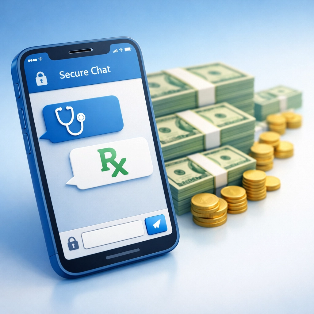 Smartphone showing online medical chat saving money compared to urgent care costs