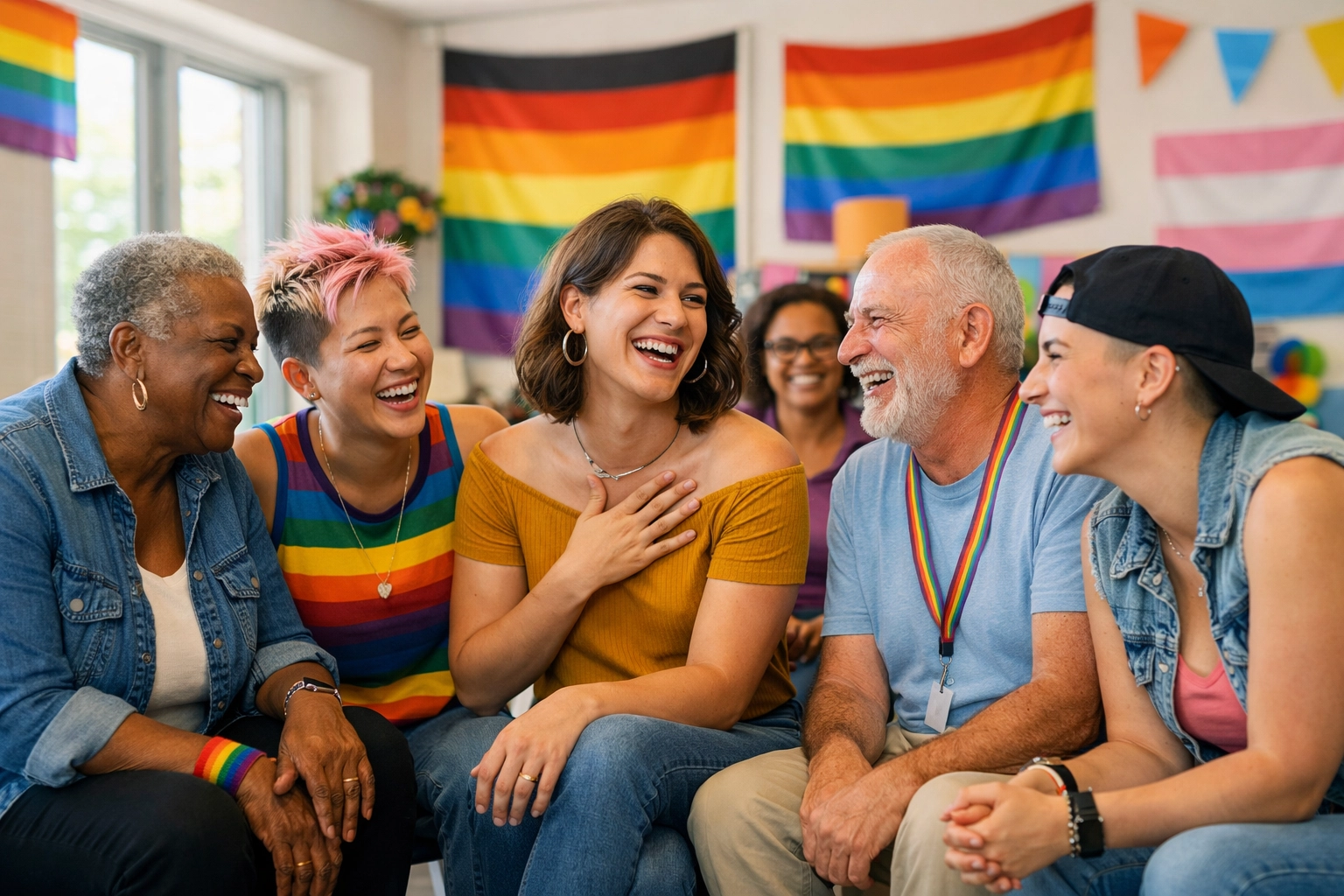 LGBTQ+ support group sharing stories at Utah Pride Center community gathering