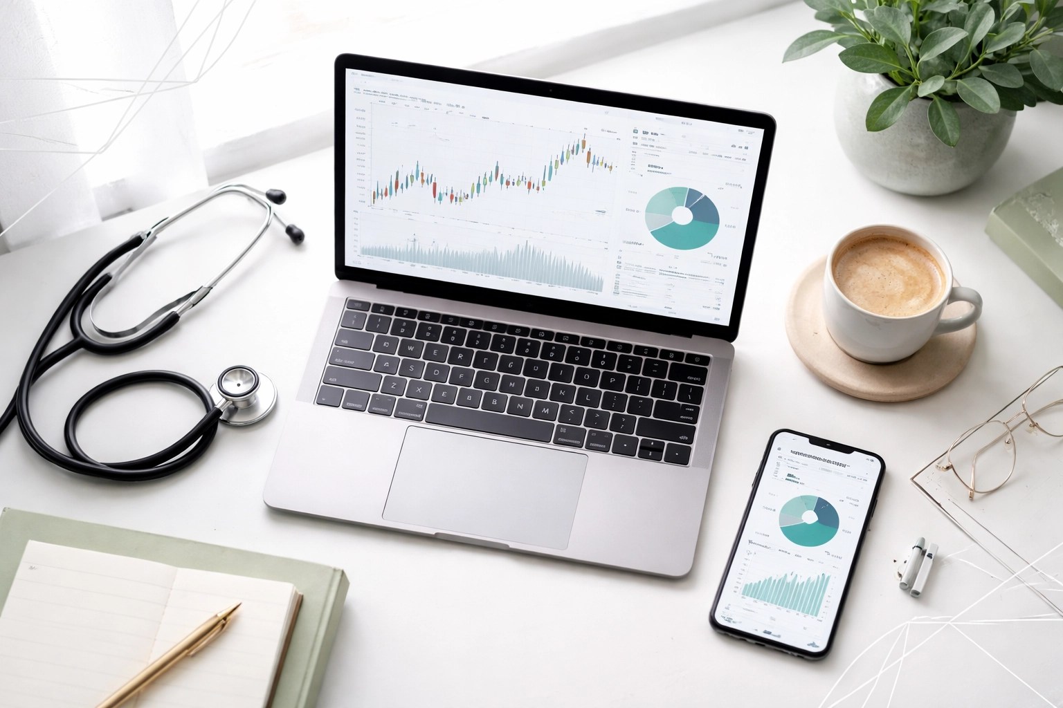A professional workspace with financial charts and a stethoscope, representing HSA planning for physicians and executives