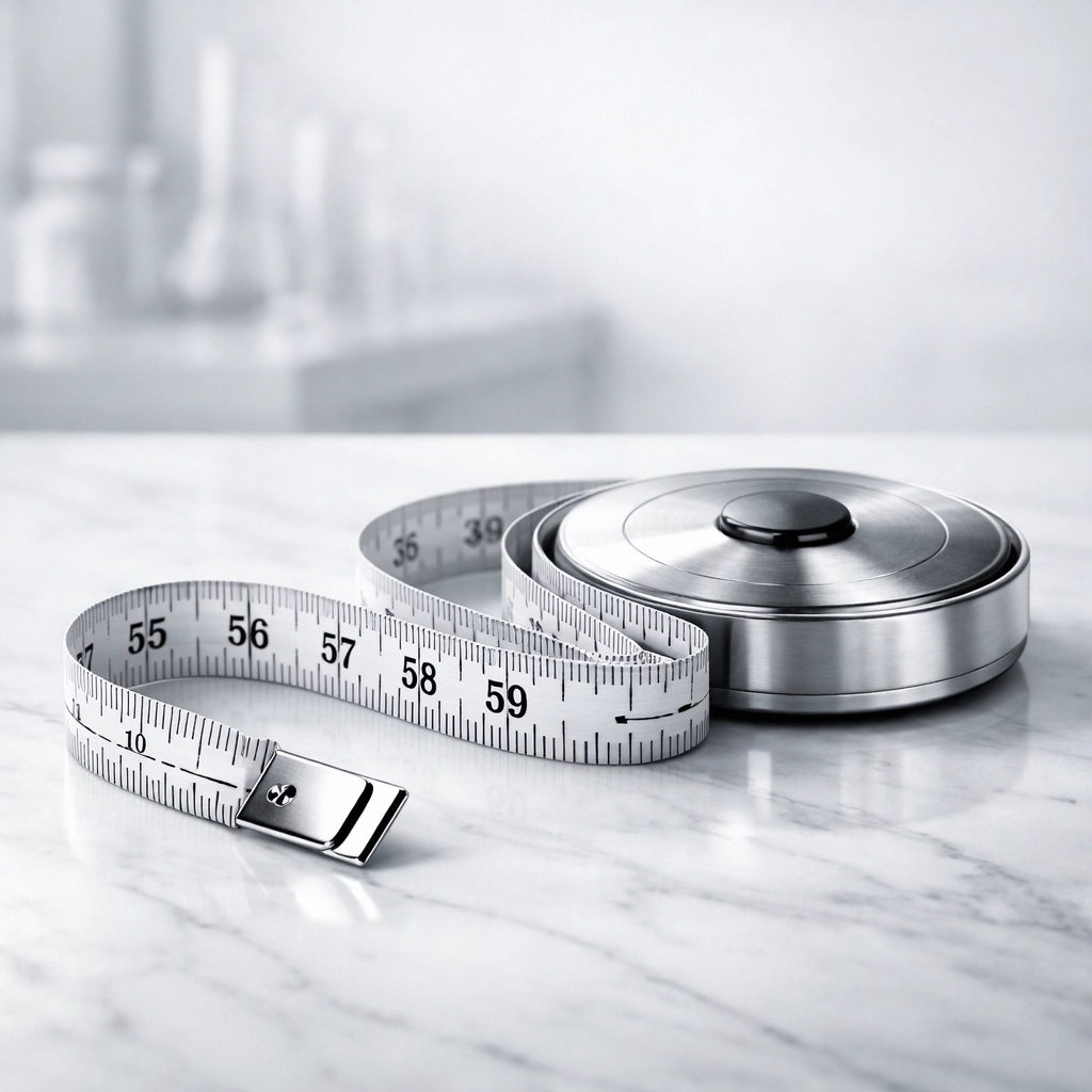 Professional silver measuring tape on marble symbolizing precision in retatrutide weight loss research.