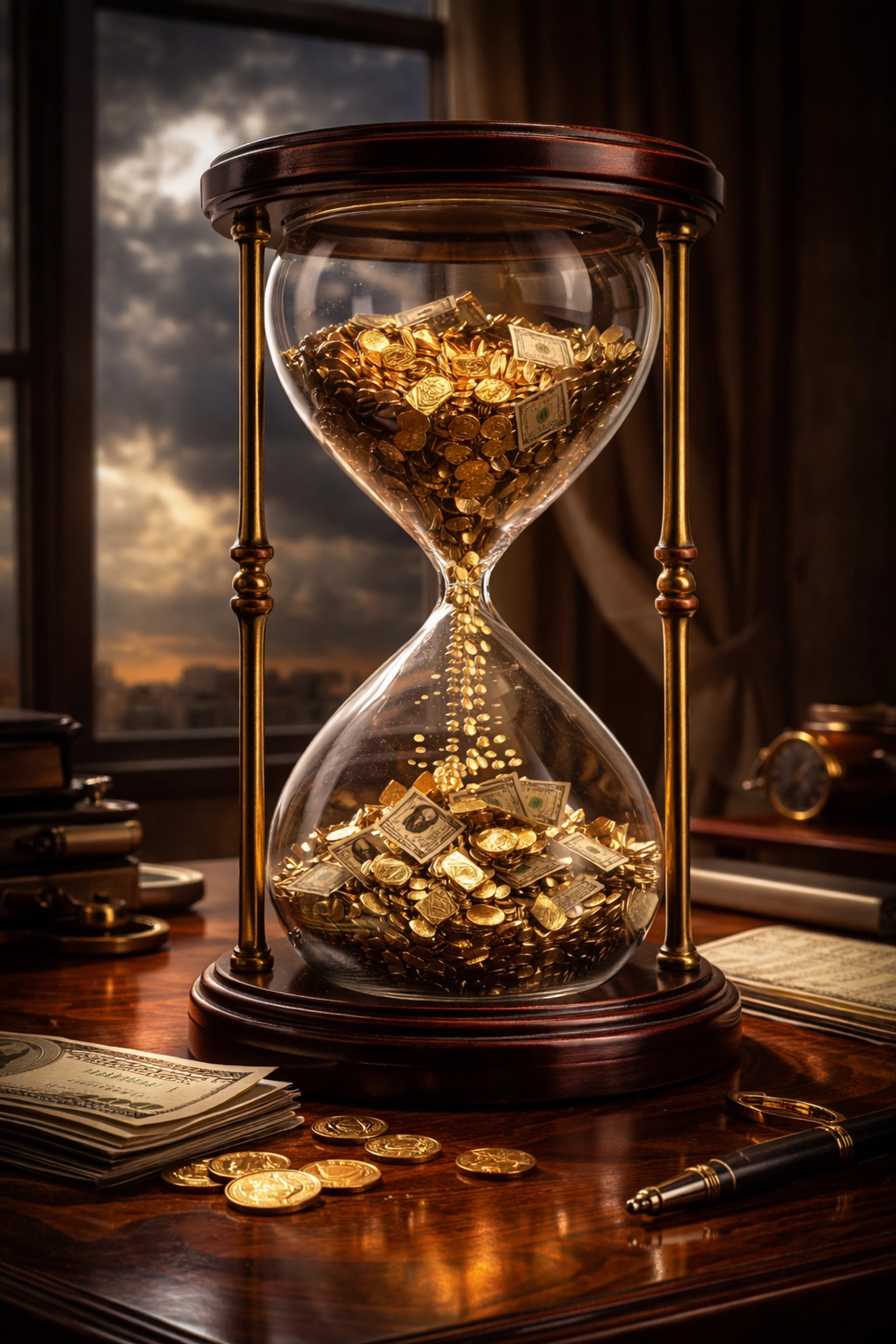 Hourglass with gold and currency representing time pressure during market stress and volatility