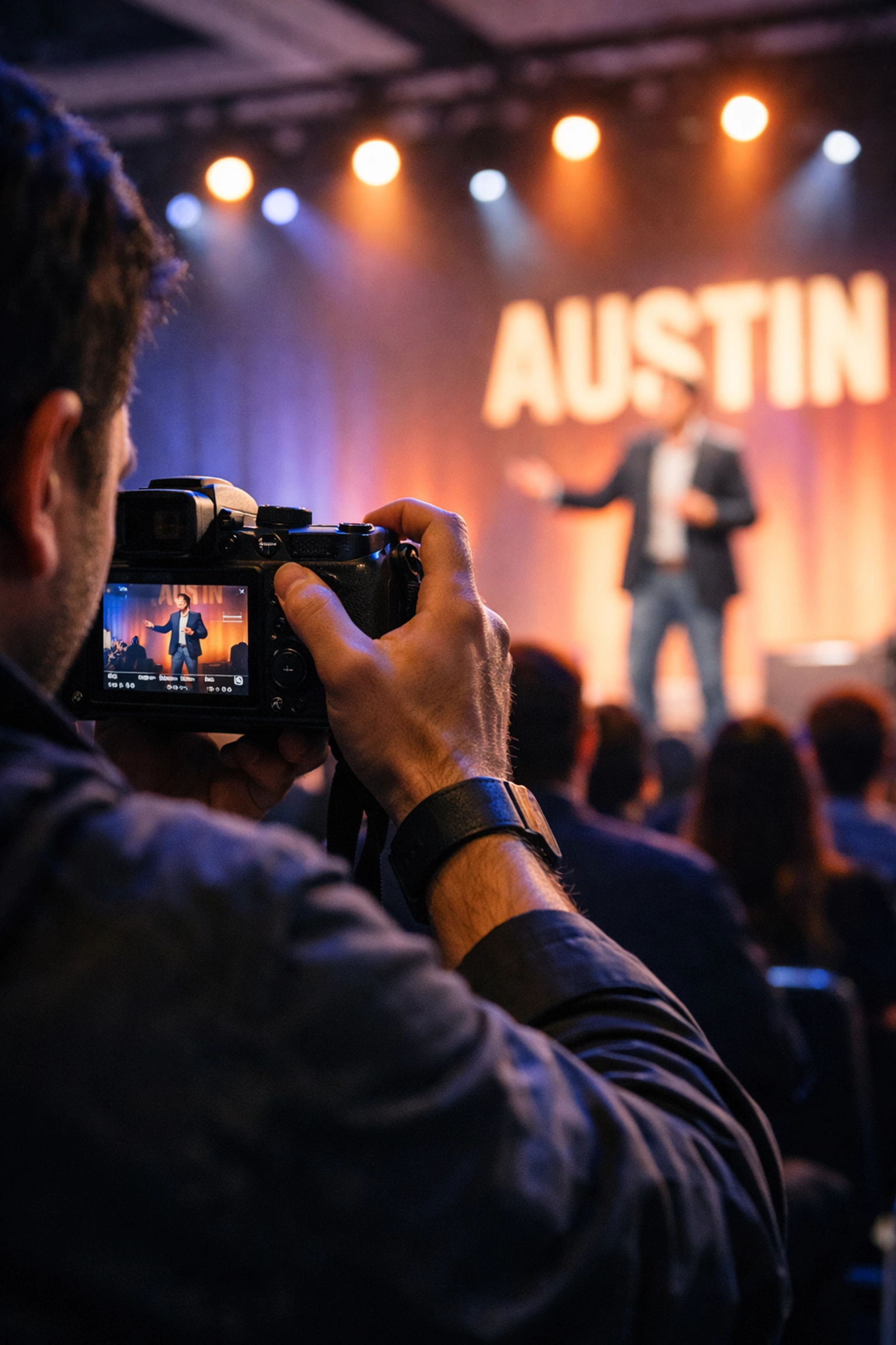 Professional event photographer capturing a high-energy keynote speech in a modern Austin conference hall.