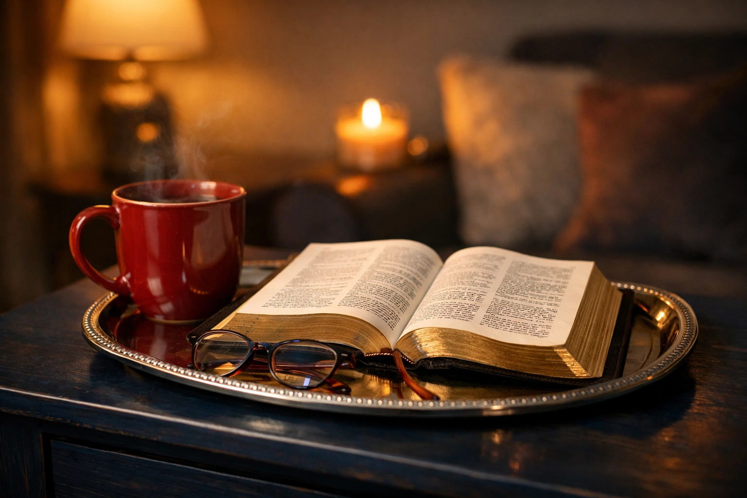 An open Bible and warm tea in a cozy, dimly lit room, illustrating a peaceful nightly ritual for rest and prayer.
