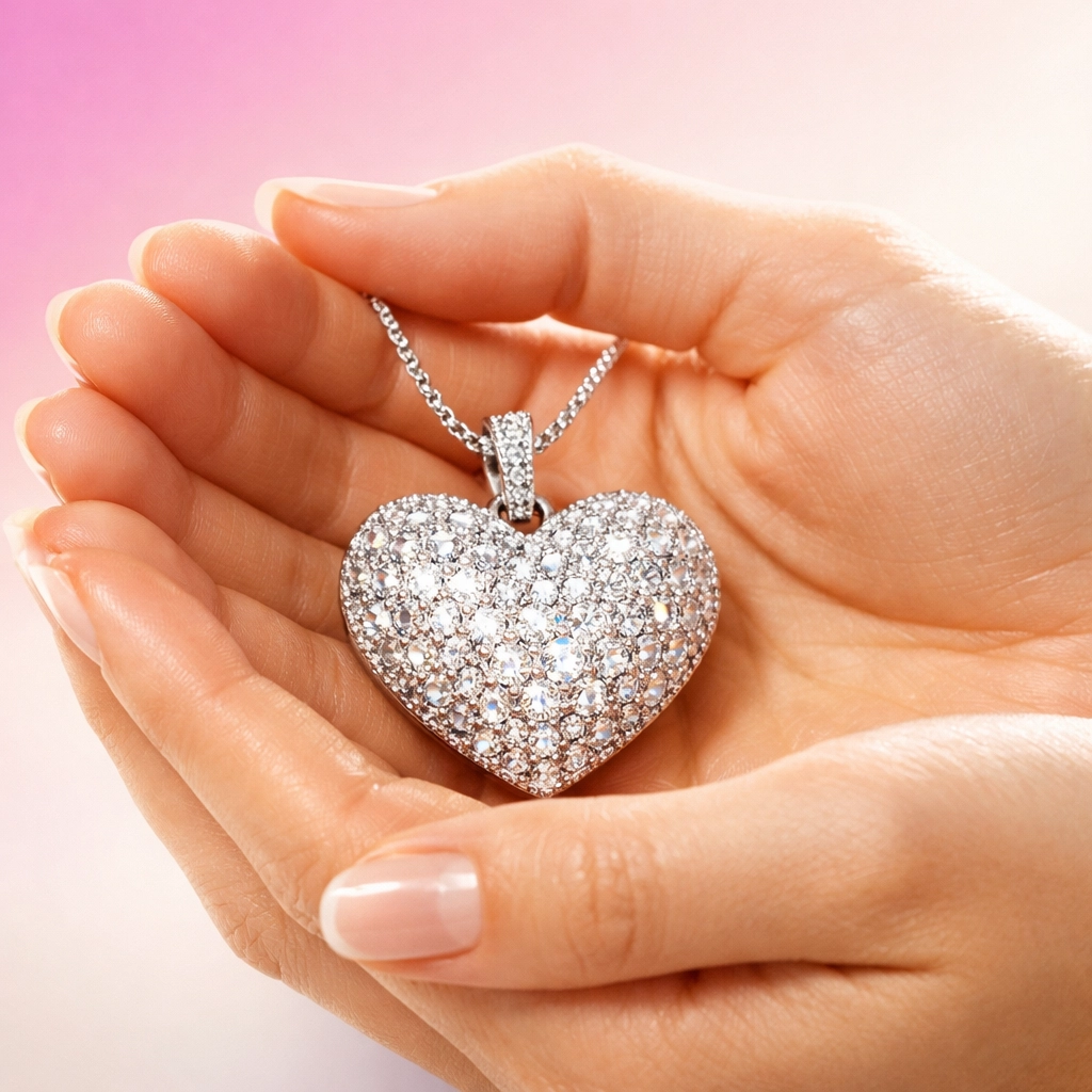 Hands holding a sparkling diamond heart pendant to symbolize jewelry bidding for charity.