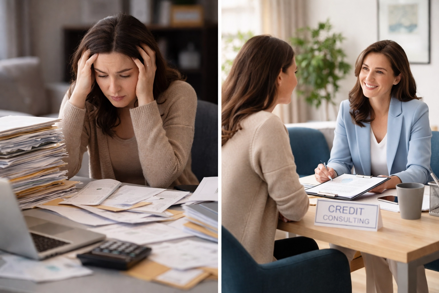 Split scene of individual stressed over paperwork and then calmly meeting with a credit consultant, showing DIY vs. professional credit repair.