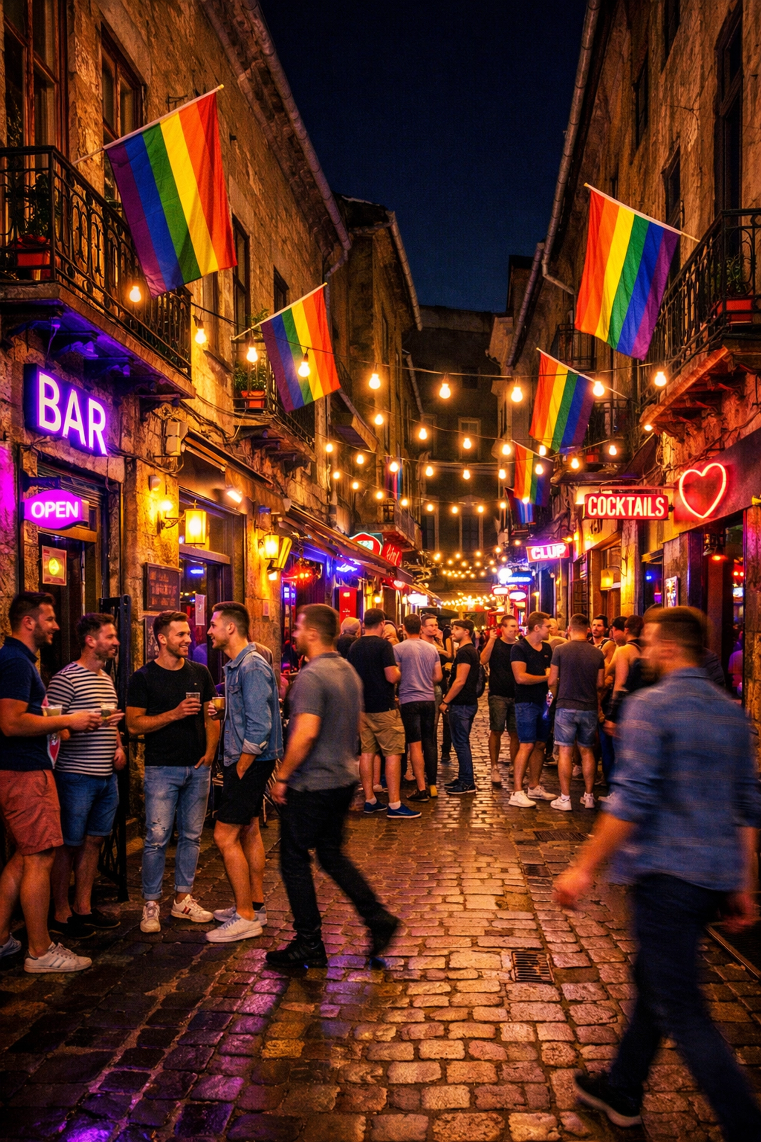 Budapest Jewish Quarter nightlife with rainbow flags and LGBTQ-friendly bars