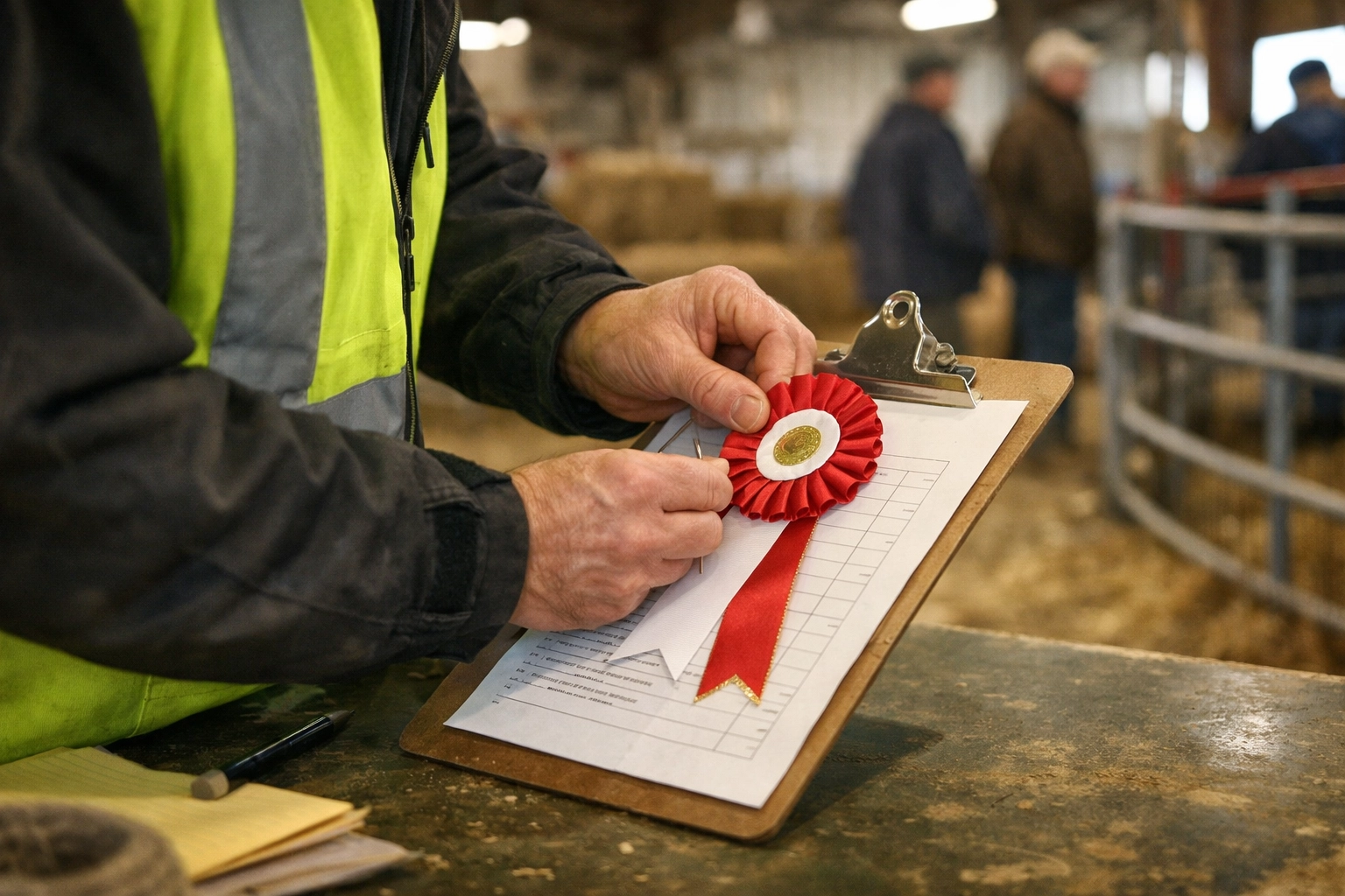 Volunteer in a bright safety vest pinning a prize ribbon while checking items off a clipboard list at a Canadian fair