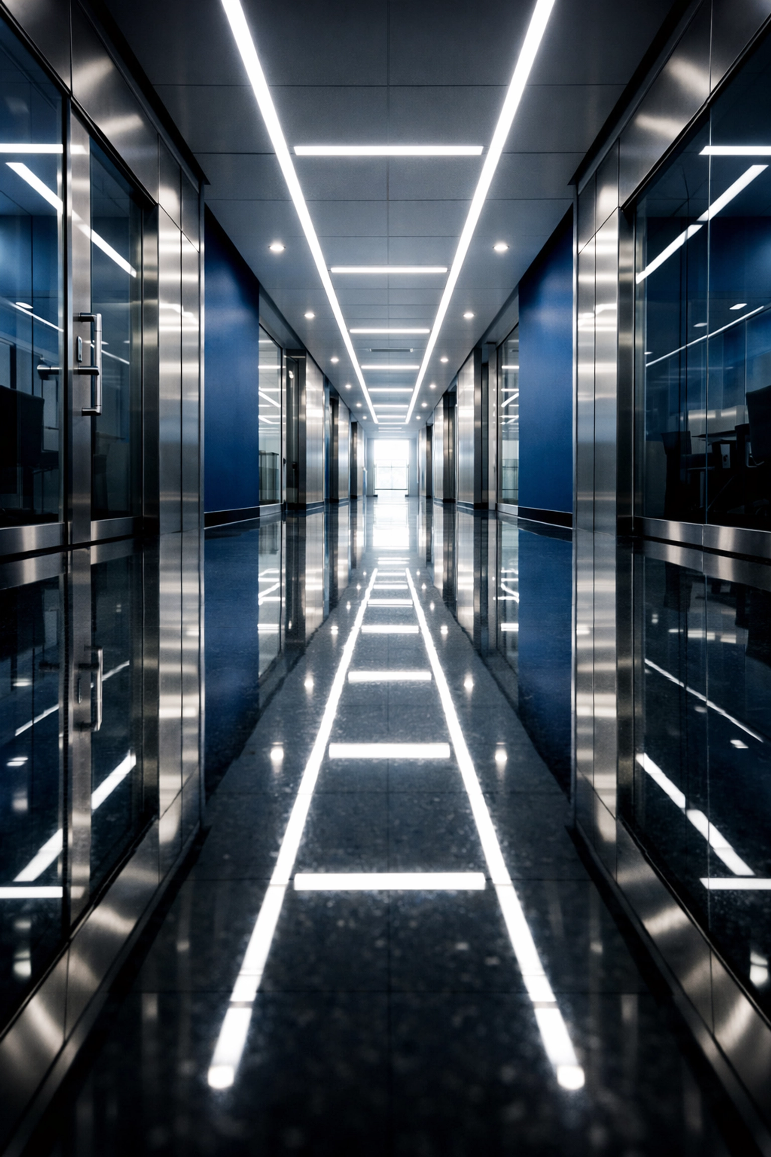 Deeply cleaned reflective commercial hallway floor demonstrating professional janitorial standards.
