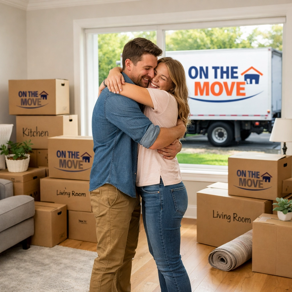 Happy couple celebrating a stress-free transition with On The Move professional moving services.