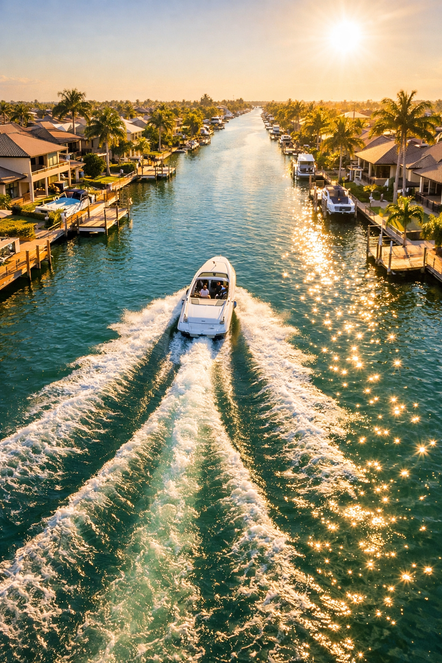 Speedboat navigating Cape Coral waterfront canal with homes and docks along the shoreline