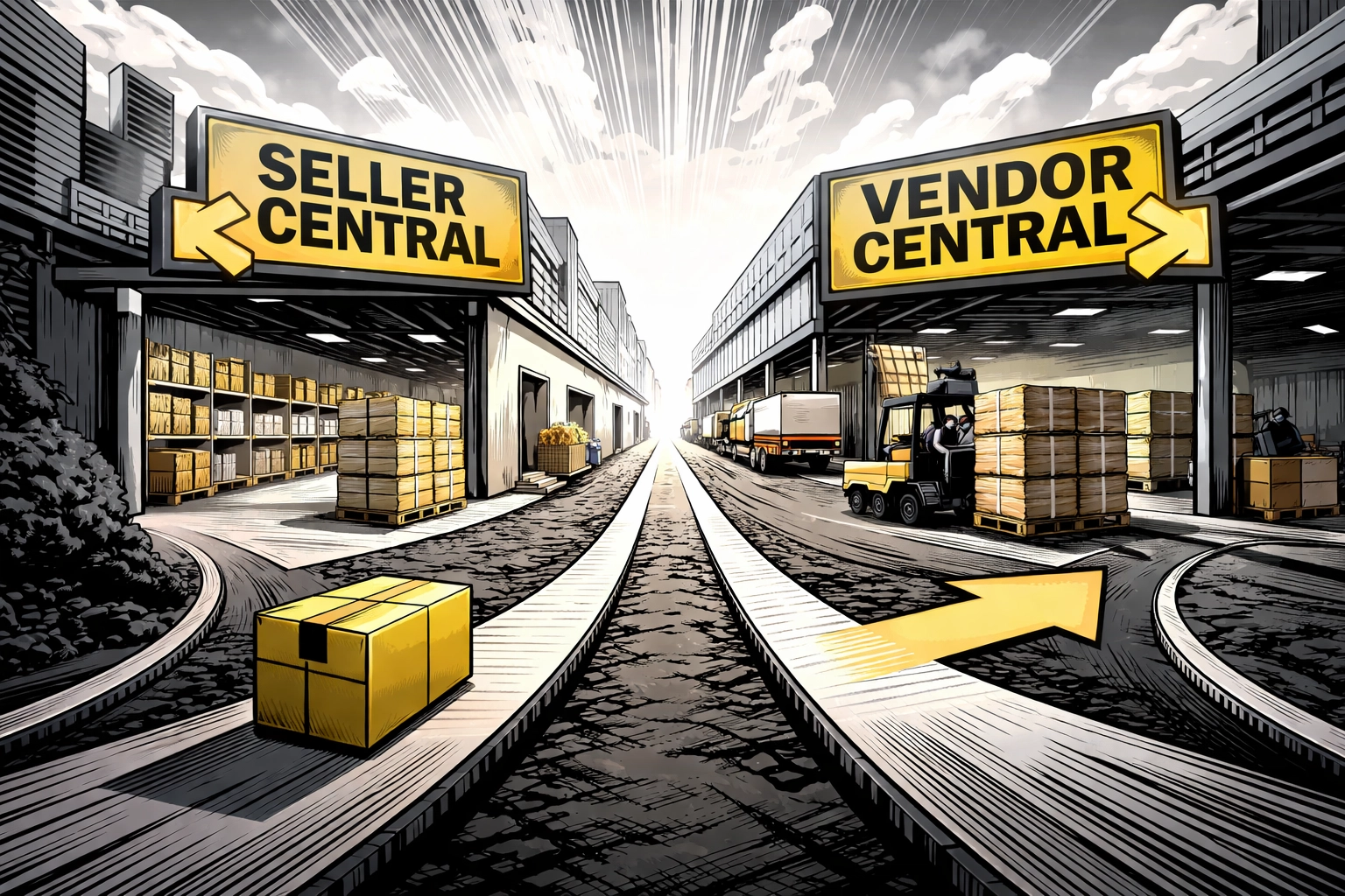 Two diverging pathways illustrating Amazon Seller Central and Vendor Central account options