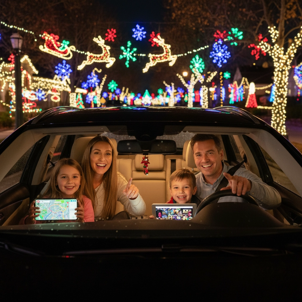 Family enjoying a Christmas light display, highlighting the community spirit in South Jersey
