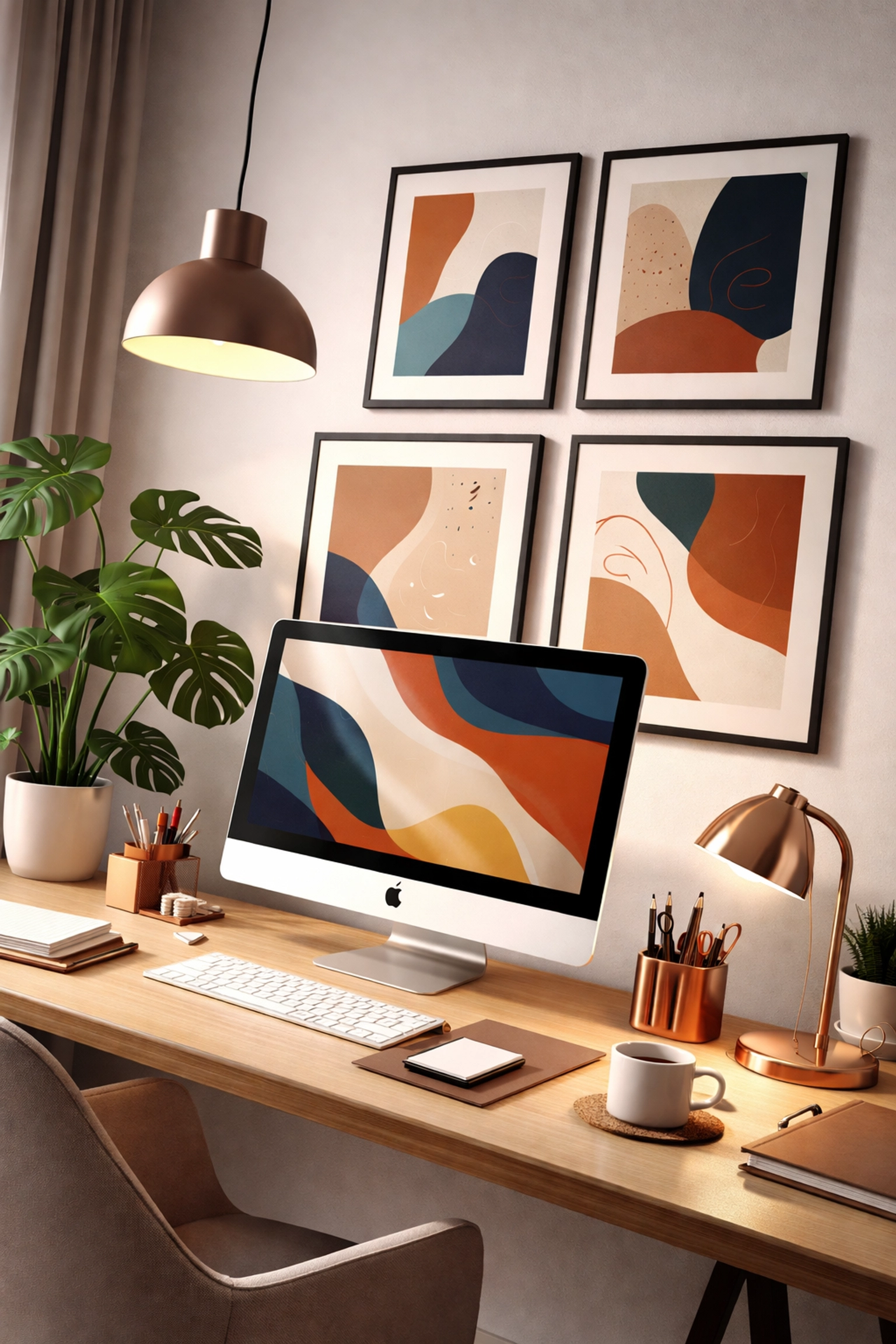 Stylish home office with abstract wall art digital downloads, inspiring productivity and creativity in a work environment.