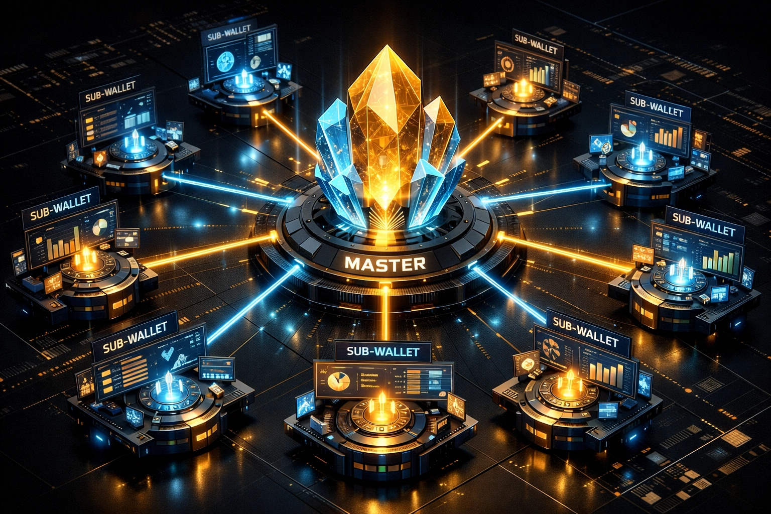 Enterprise Web3 payment architecture illustrating master and sub-wallet management for global brands.