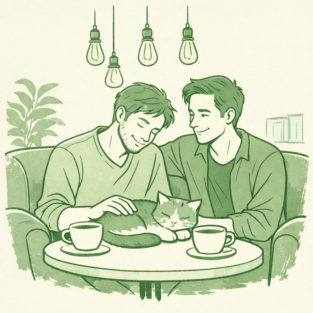 Gay couple enjoying coffee with a rescue cat at queer-friendly cafe