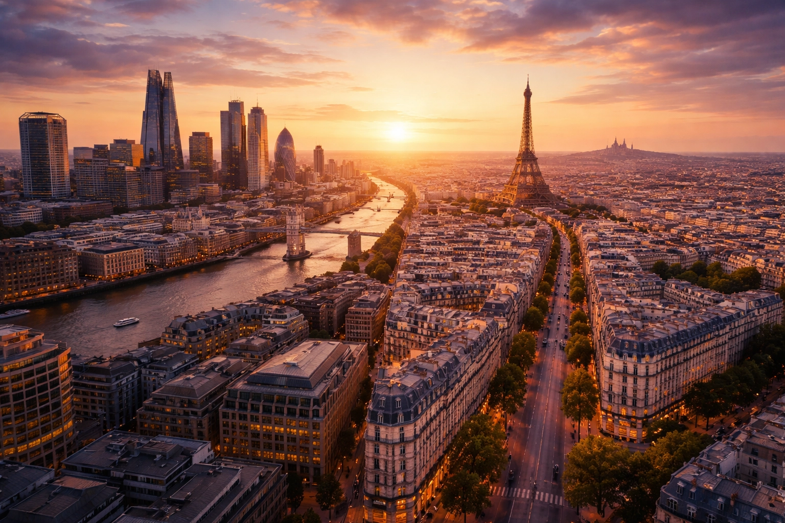 A golden hour aerial view of European financial districts, illustrating the shift to European private equity markets.