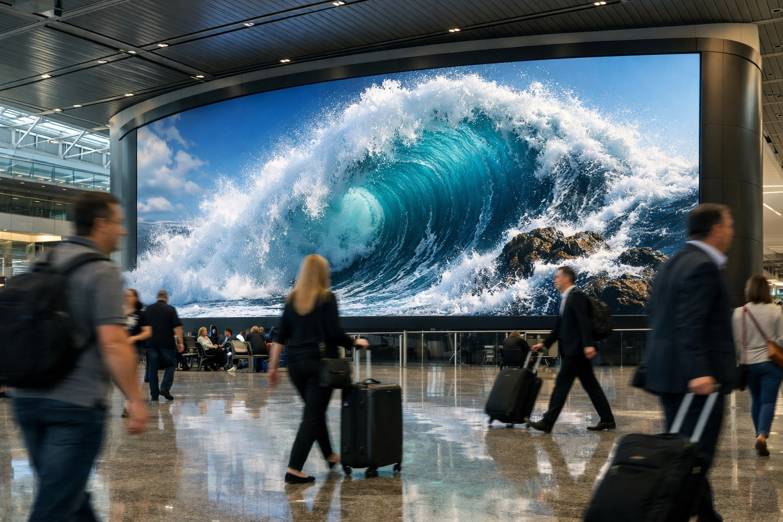 Bustling airport terminal featuring a massive 3D signage billboard for immersive brand advertising.