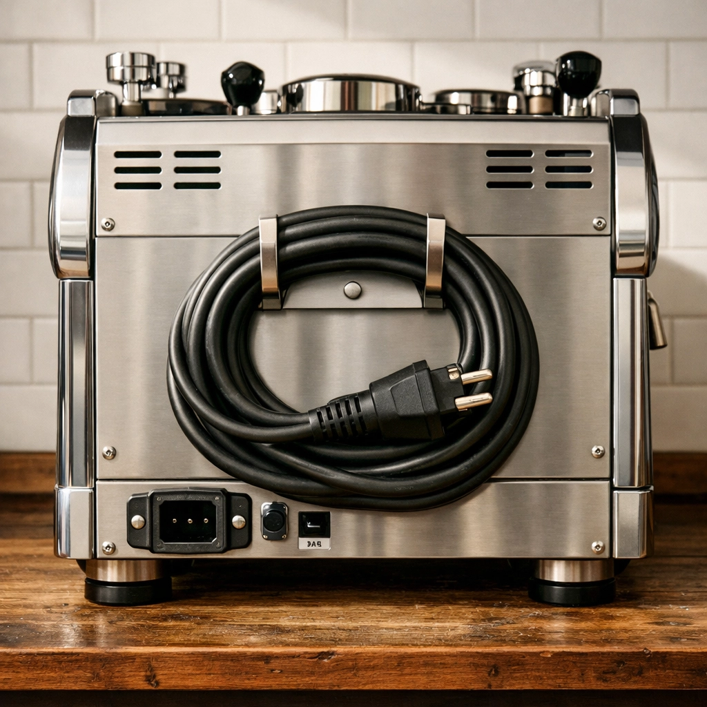Rear view of a commercial espresso machine showing heavy-duty power cables for coffee shop set up.