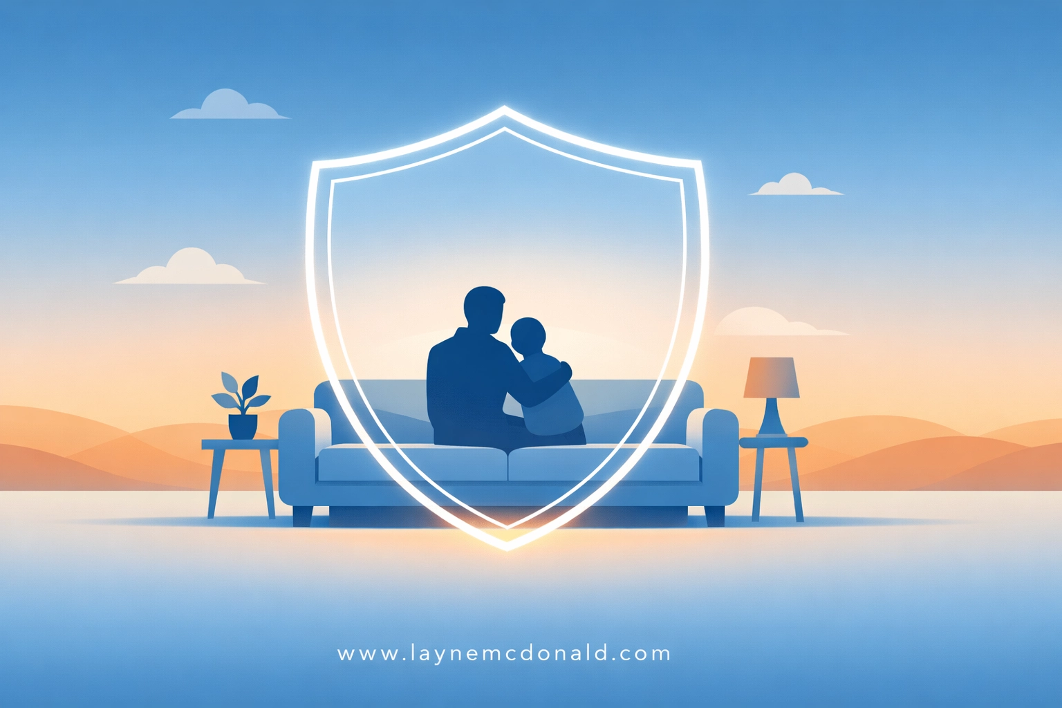 Stylized silhouettes of a parent and child inside a protective shield, representing a safe faith home.