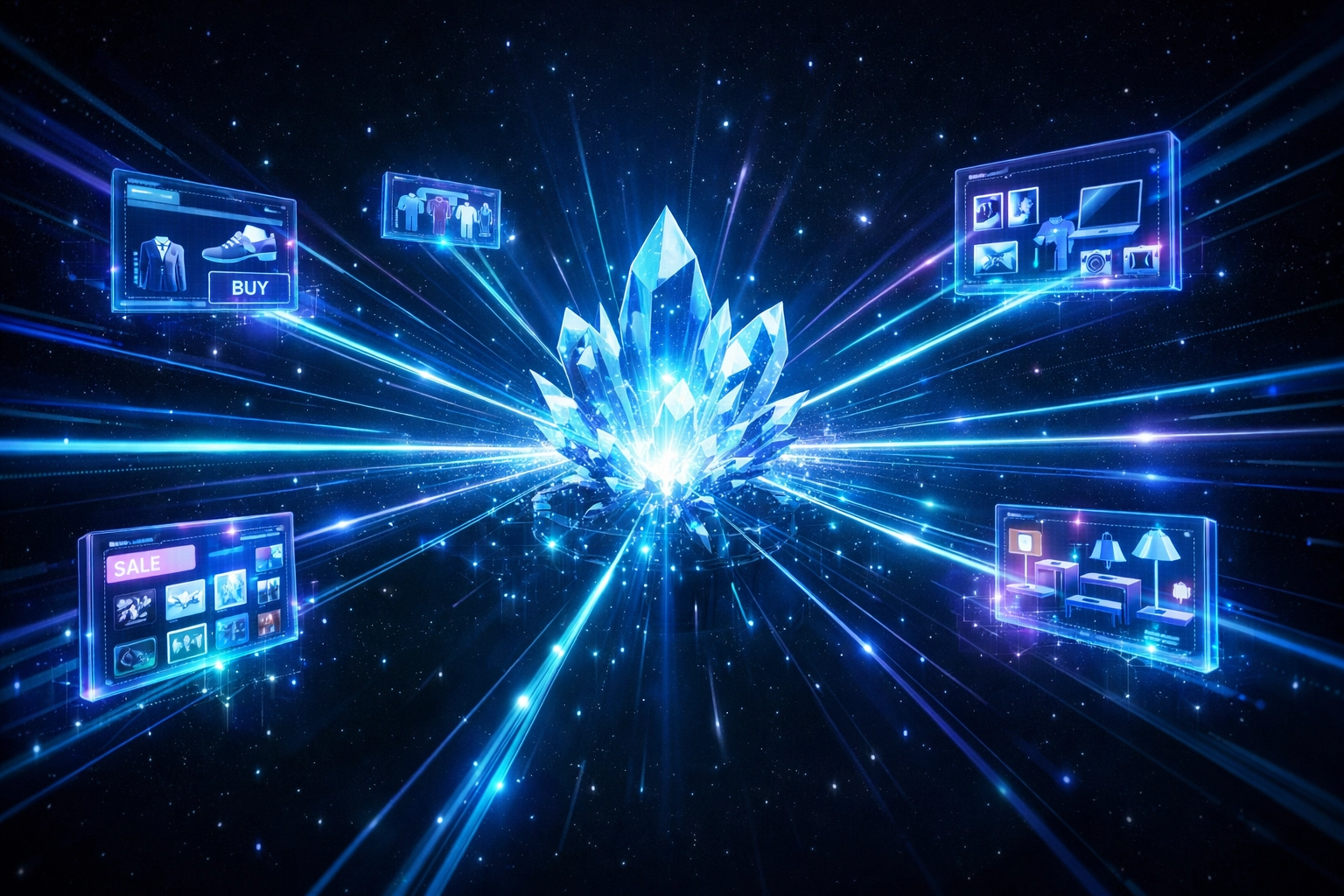 Conceptual visualization of an integrated e-commerce network connecting multiple social media storefronts.