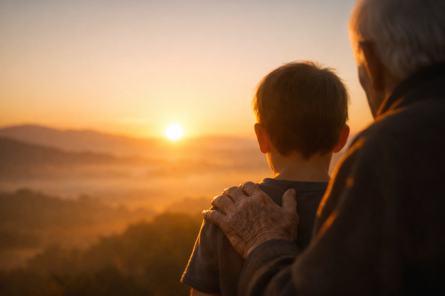 Grandparent and child at sunrise, illustrating the passing of spiritual heritage and faith to the next generation.