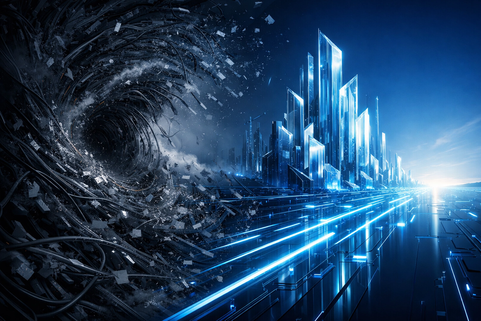 Visualization of a chaotic data swamp transforming into structured, clear pathways for strategic analysis.
