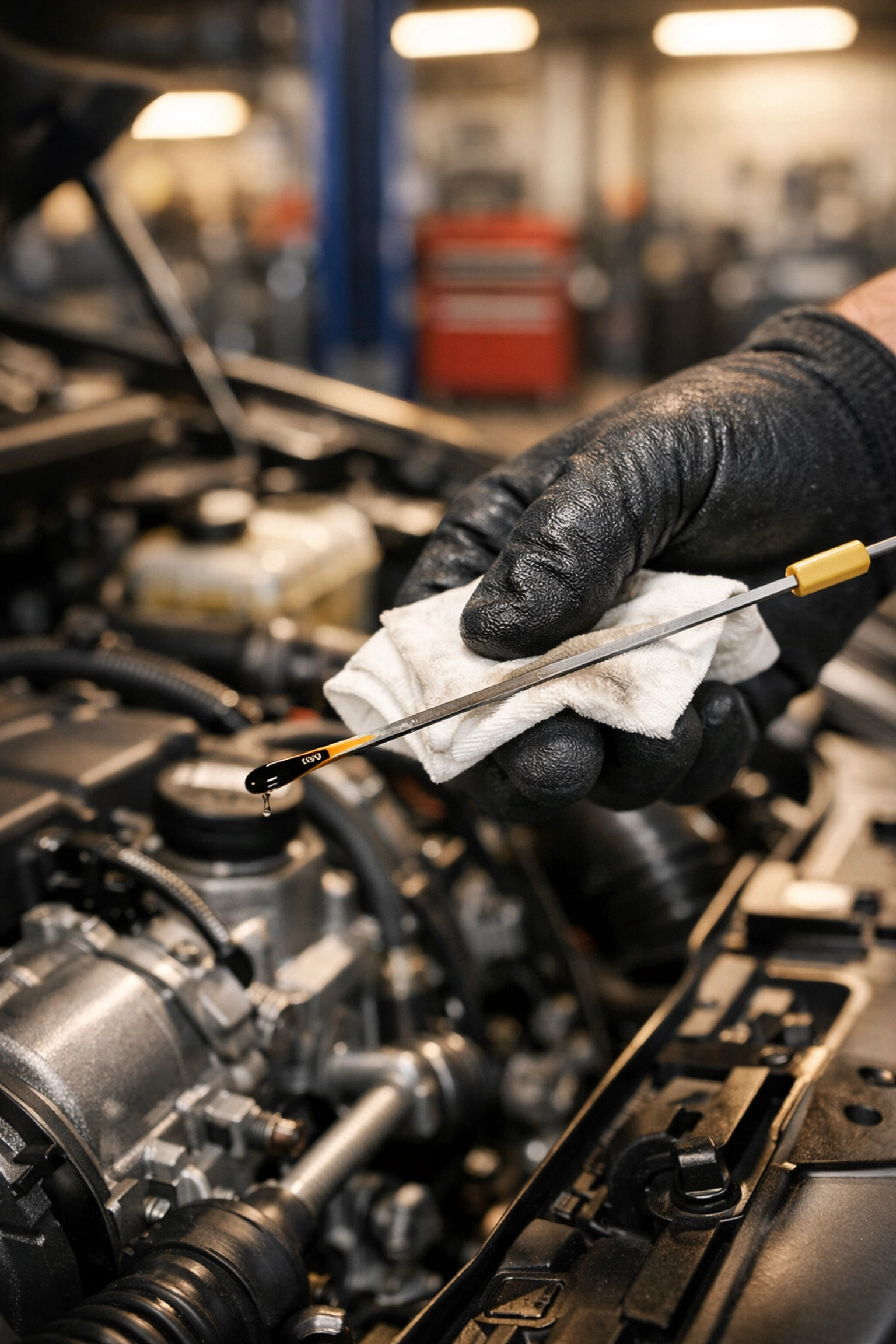 Mechanic checking car engine oil dipstick showing dangerously low fluid level