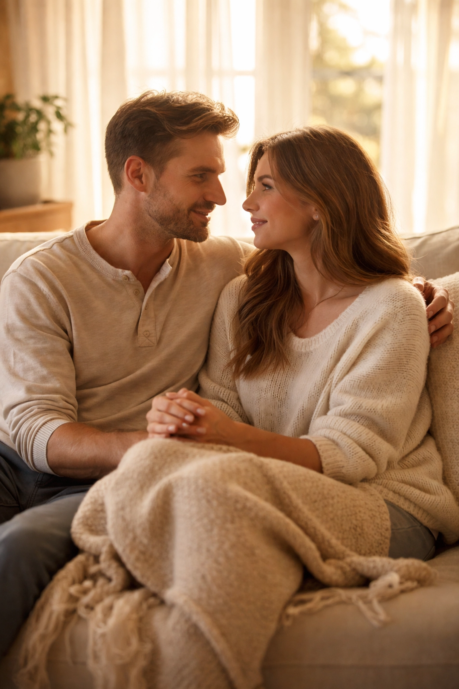 Married couple sharing a peaceful moment on a cozy couch, symbolizing grace and patience in marriage communication