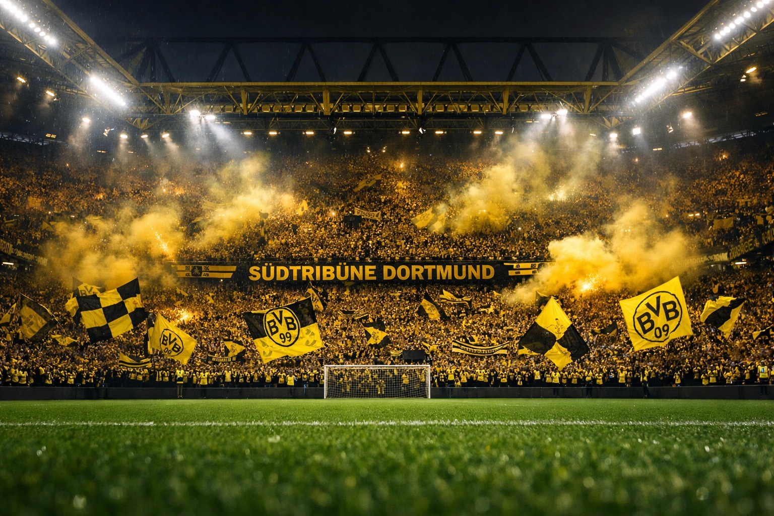 Gelbe Wand Südtribüne im Signal Iduna Park mit Borussia Dortmund Fans vor Champions-League-Spiel