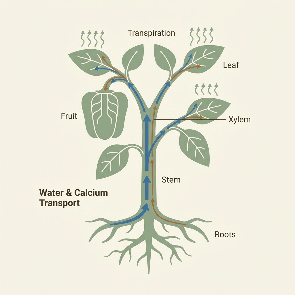 Diagram illustrating water and calcium movement in a pepper plant, highlighting causes of blossom end rot