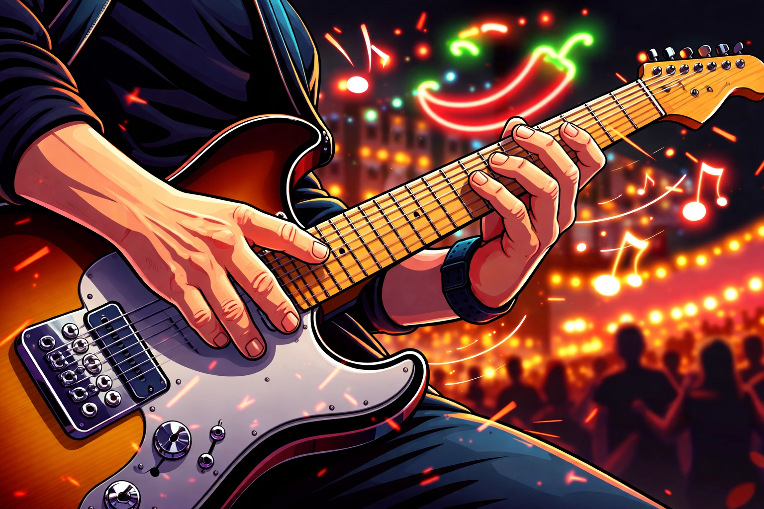 Close-up of Sean Mullen’s virtuosic technique—fast runs, tapping and legato—capturing the precision and intensity of his Satriani Tribute show.