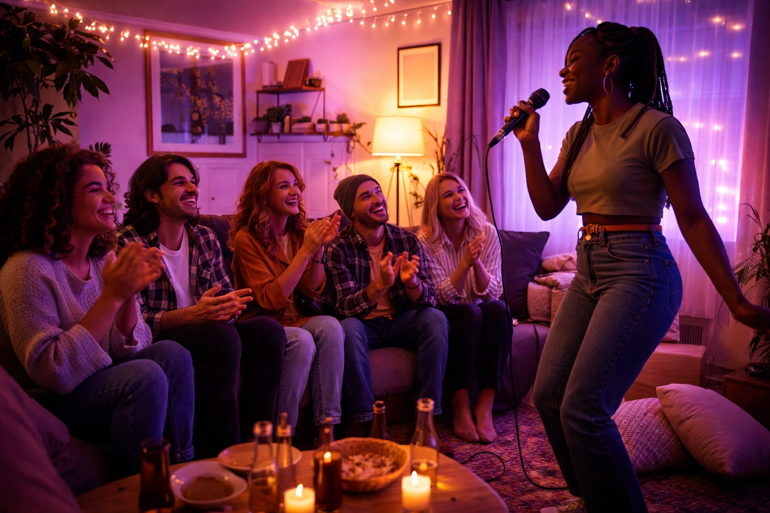Aspiring singer practices performing for friends at home, building confidence for live stages