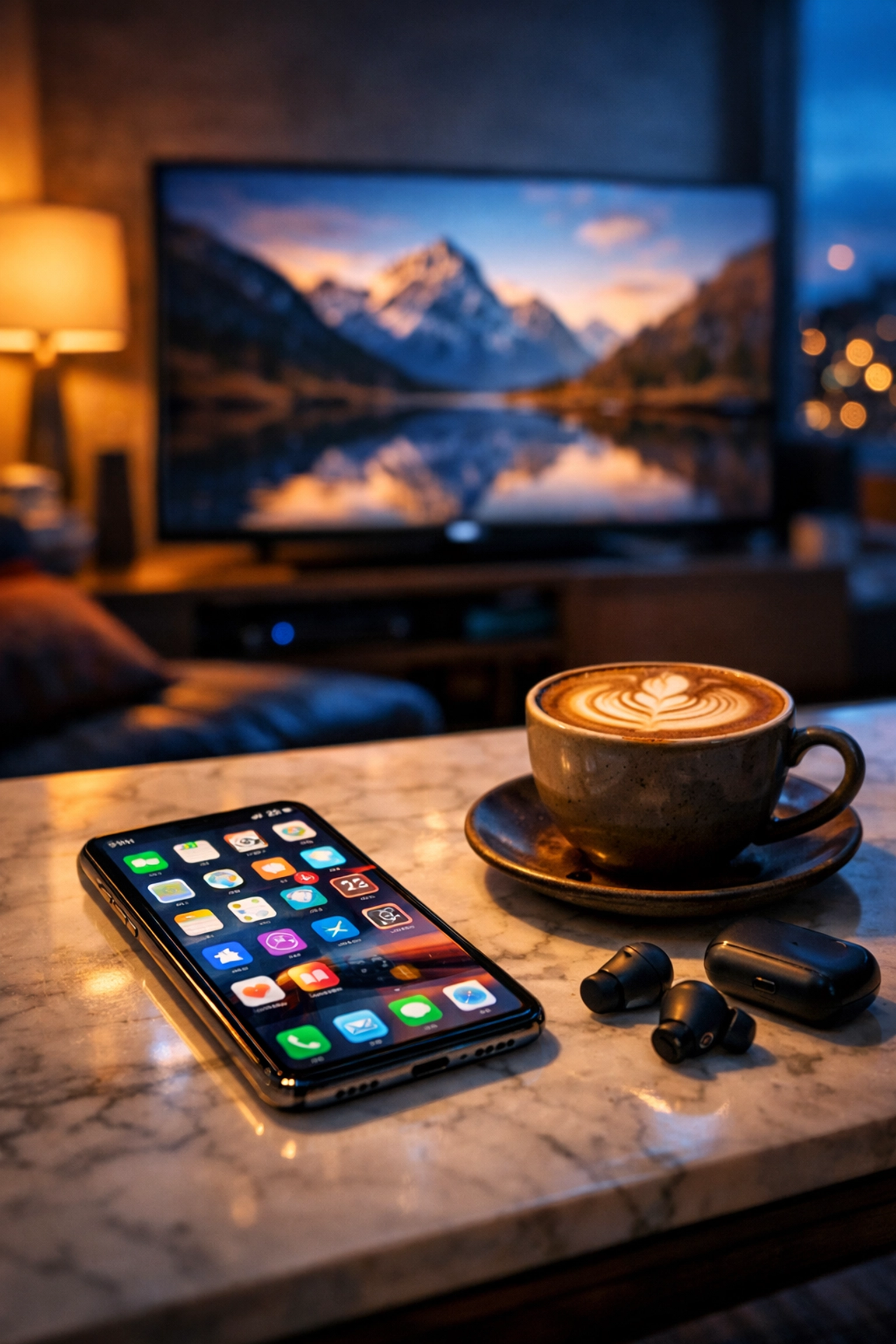 Smartphone displaying app subscriptions on a coffee table, highlighting monthly spending and mortgage affordability.