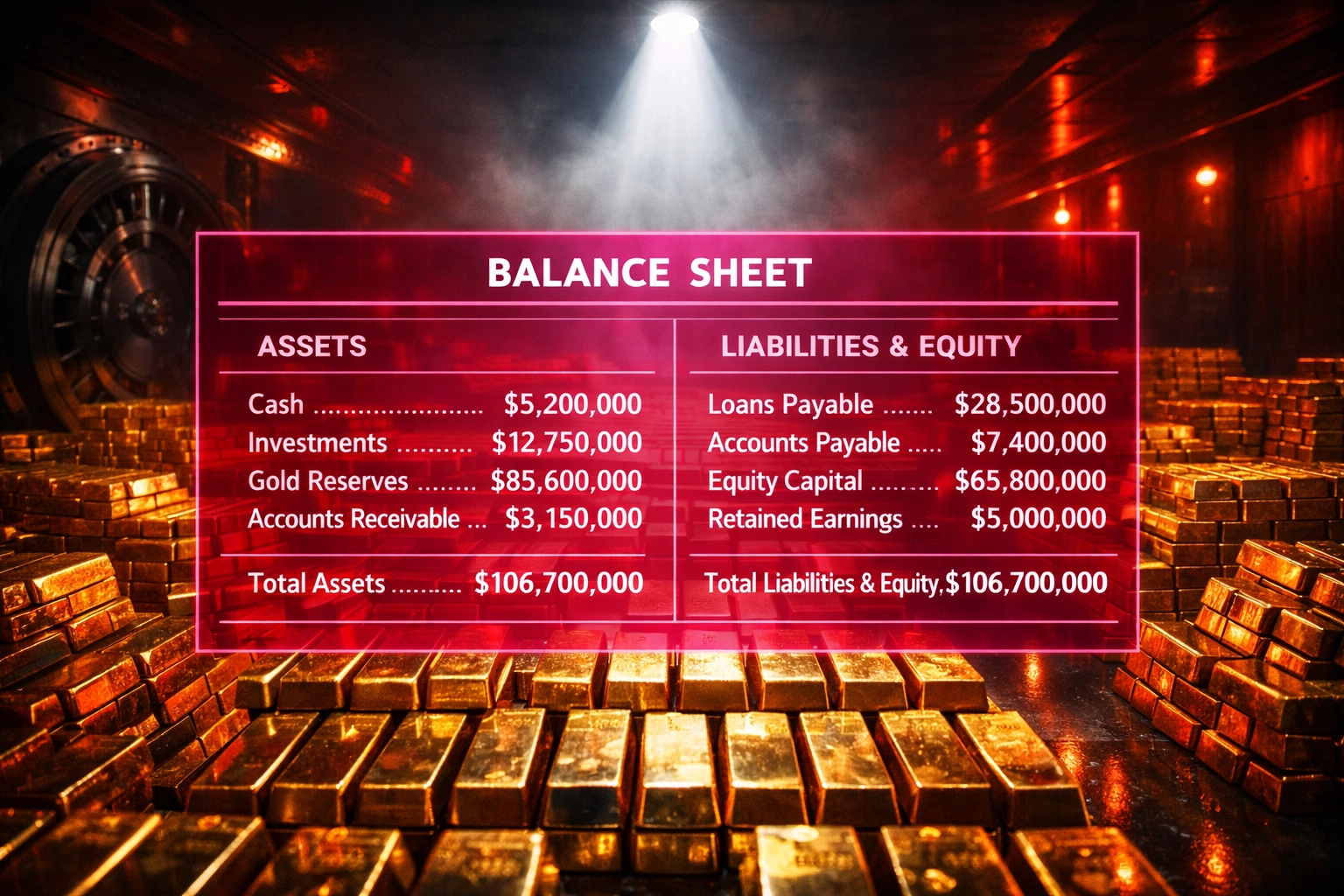 Massive gold bars in a vault with a digital balance sheet overlay representing credit and recoupment.