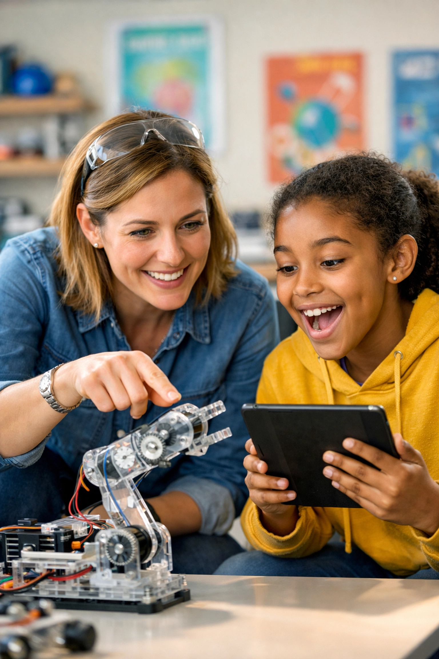 An engineer and student collaborating on a robotics project in a K-12 STEM lab, bridging the education-to-career gap.