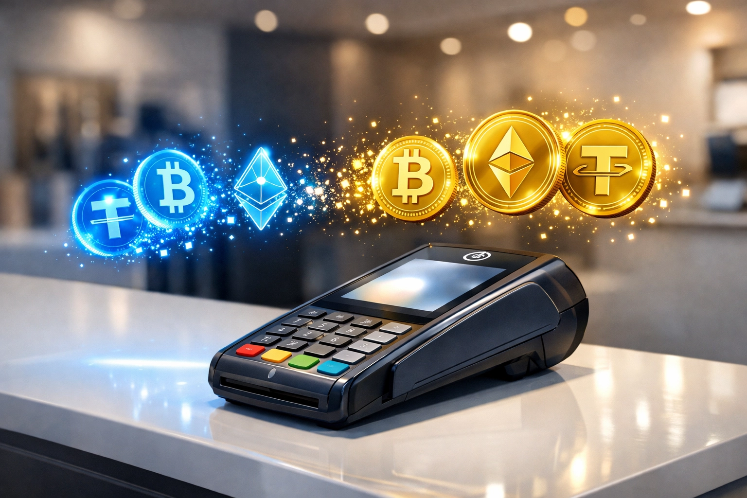 Merchant POS terminal converting cryptocurrency to stablecoins seamlessly