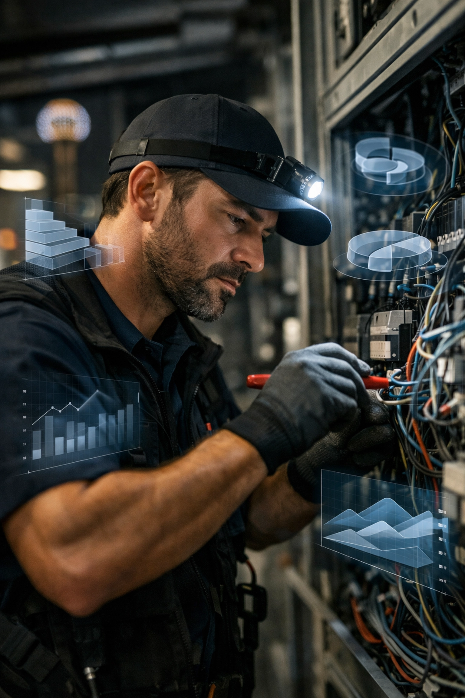 Dallas electrician at a job site with data overlays showing burdened labor costs for accurate payroll tracking.