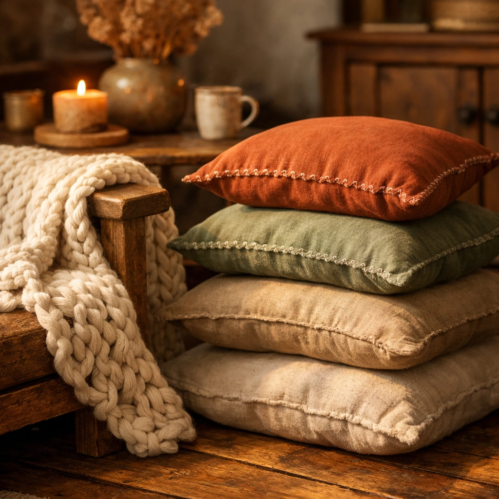 Hand-knitted wool throw and artisan pillows demonstrating cozy minimalism through tactile layers.