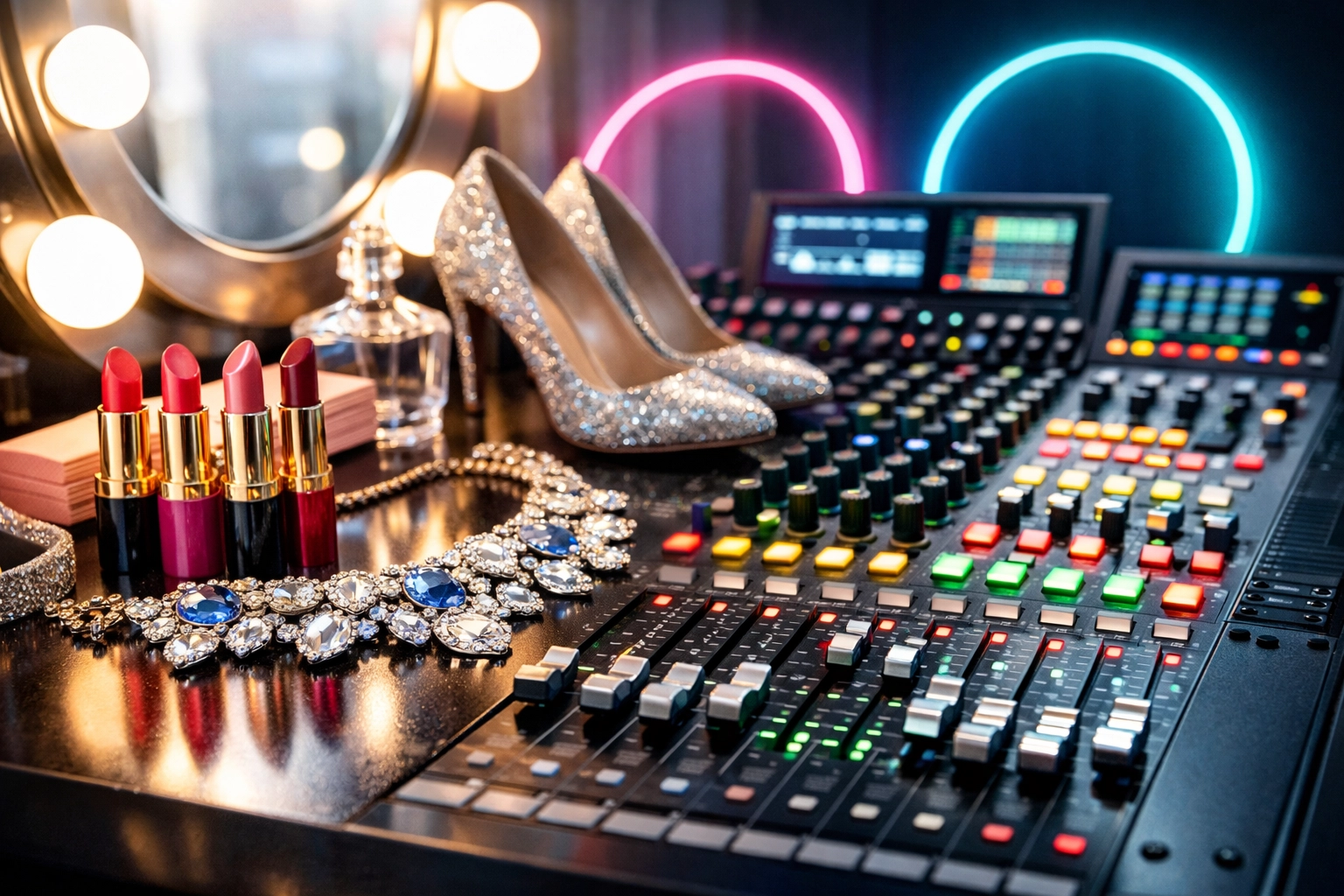 Makeup vanity and music mixer representing Maddie Taylor's crossdressing production and spiritual journey.