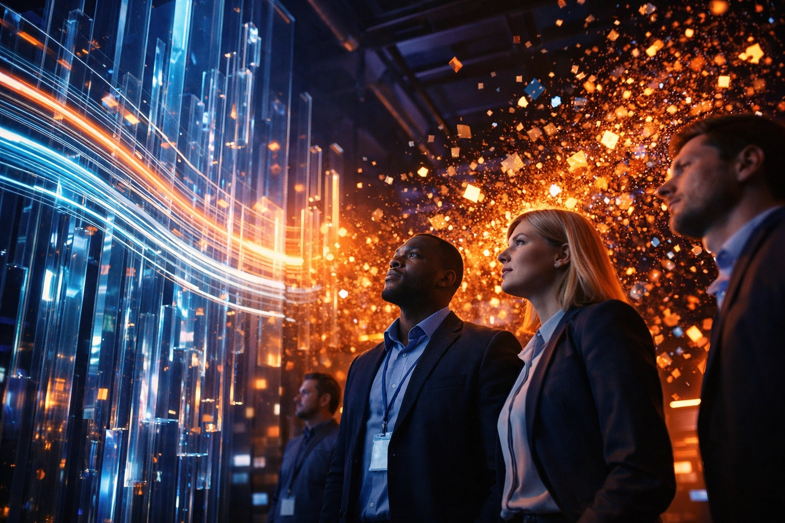 Business professionals comparing organized versus chaotic data quality in modern workspace