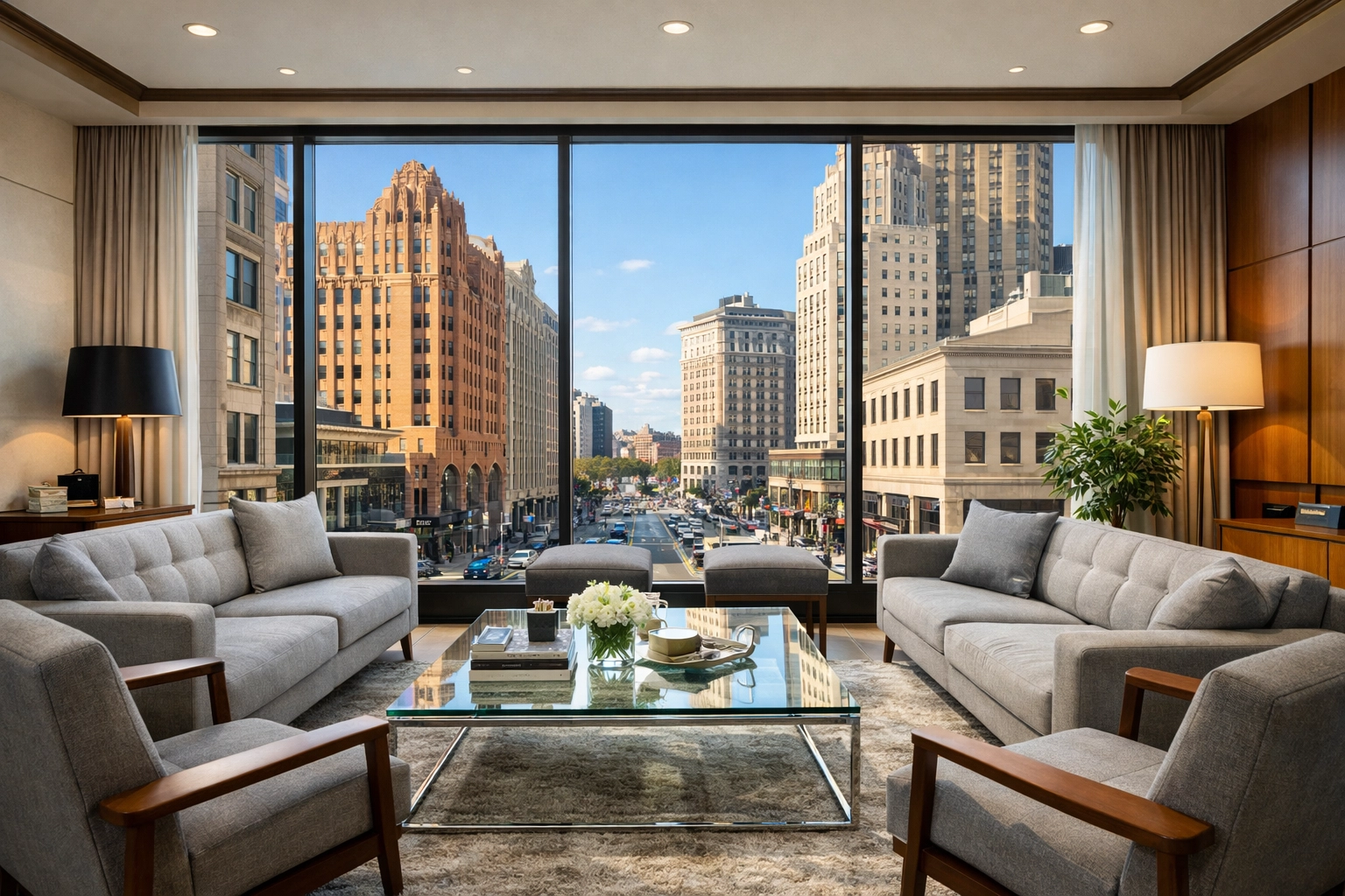 Spotless luxury executive lounge in Downtown Detroit overlooking the city’s Financial District.