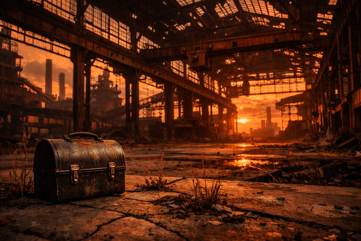 Abandoned American steel mill at sunset symbolizing the loss of manufacturing jobs and industrial decay.