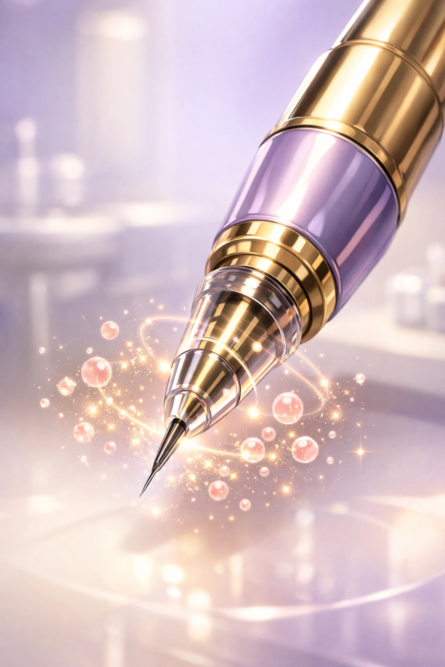 Medical-grade nano brow machine with fine needle tip illustrating nurse-led precision for permanent makeup.