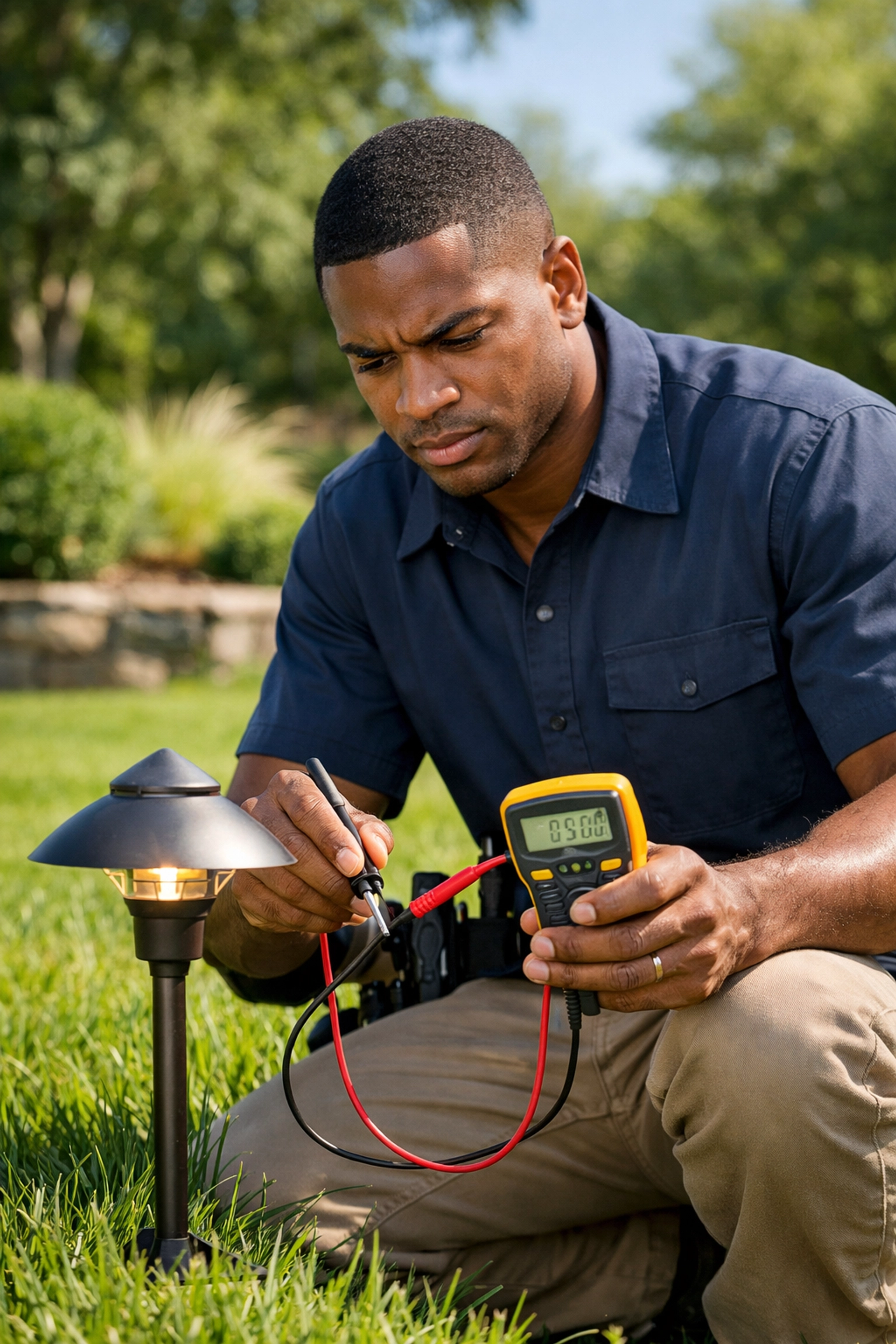 Licensed electrician testing voltage on outdoor lighting fixtures during a service call.