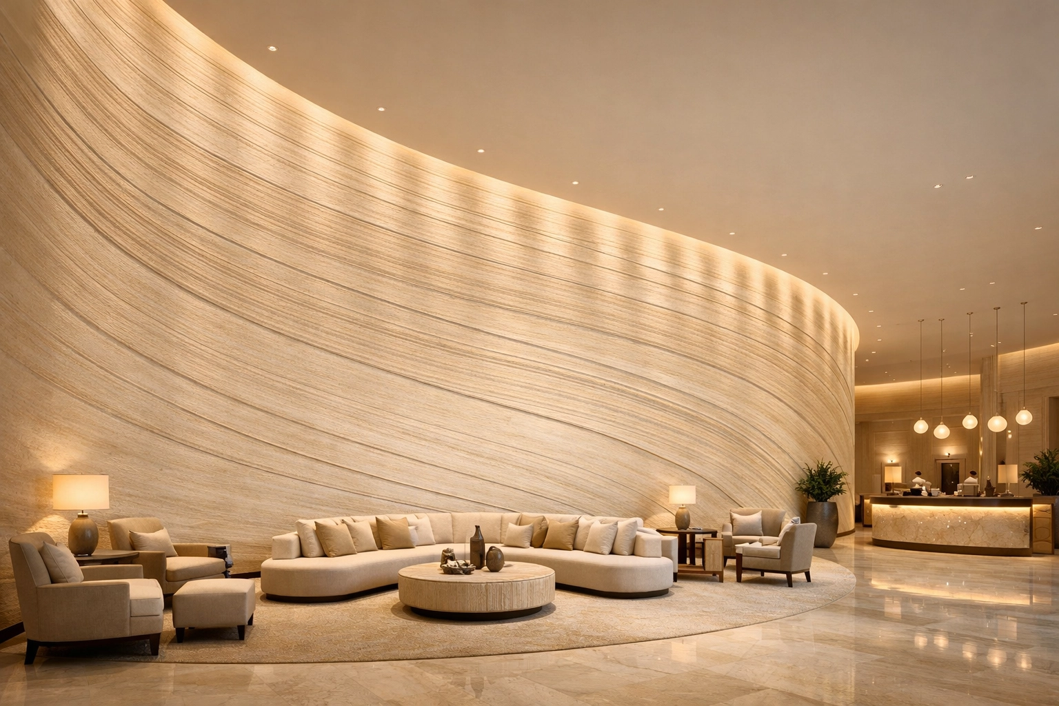 Hall d'hôtel moderne avec un grand mur incurvé revêtu de panneaux de travertin flexibles sans joint.