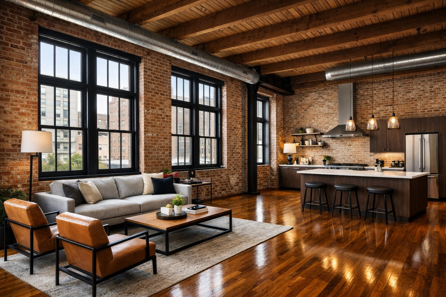 Deep-cleaned industrial loft in Detroit with polished hardwood floors ready for professional property turnover.