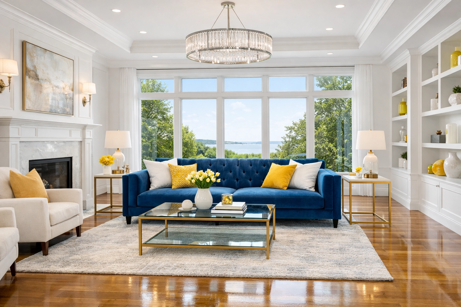 Spotless luxury living room in Massachusetts after professional construction cleanup services.